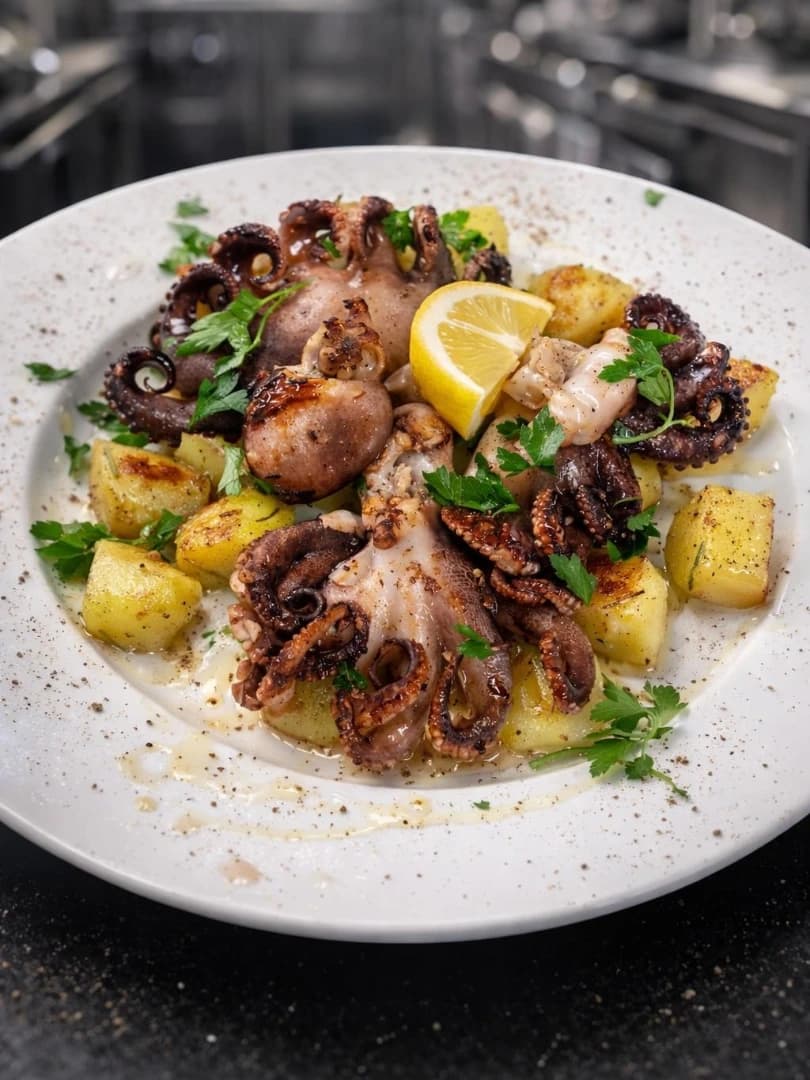 Gegrillter Oktopus mit Kartoffeln und Zitrone